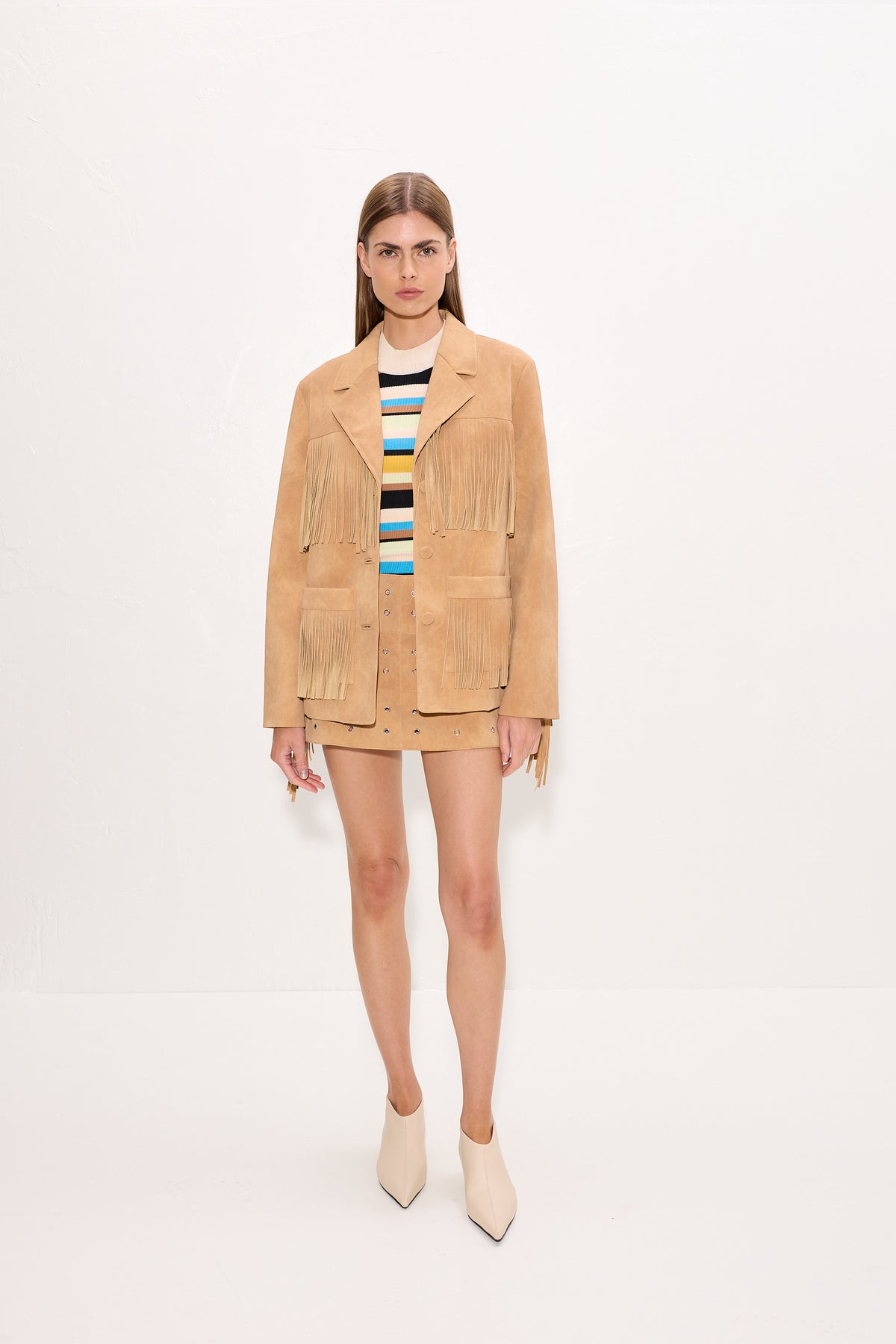 Mabel Vegan Leather Fringe Jacket In Sand