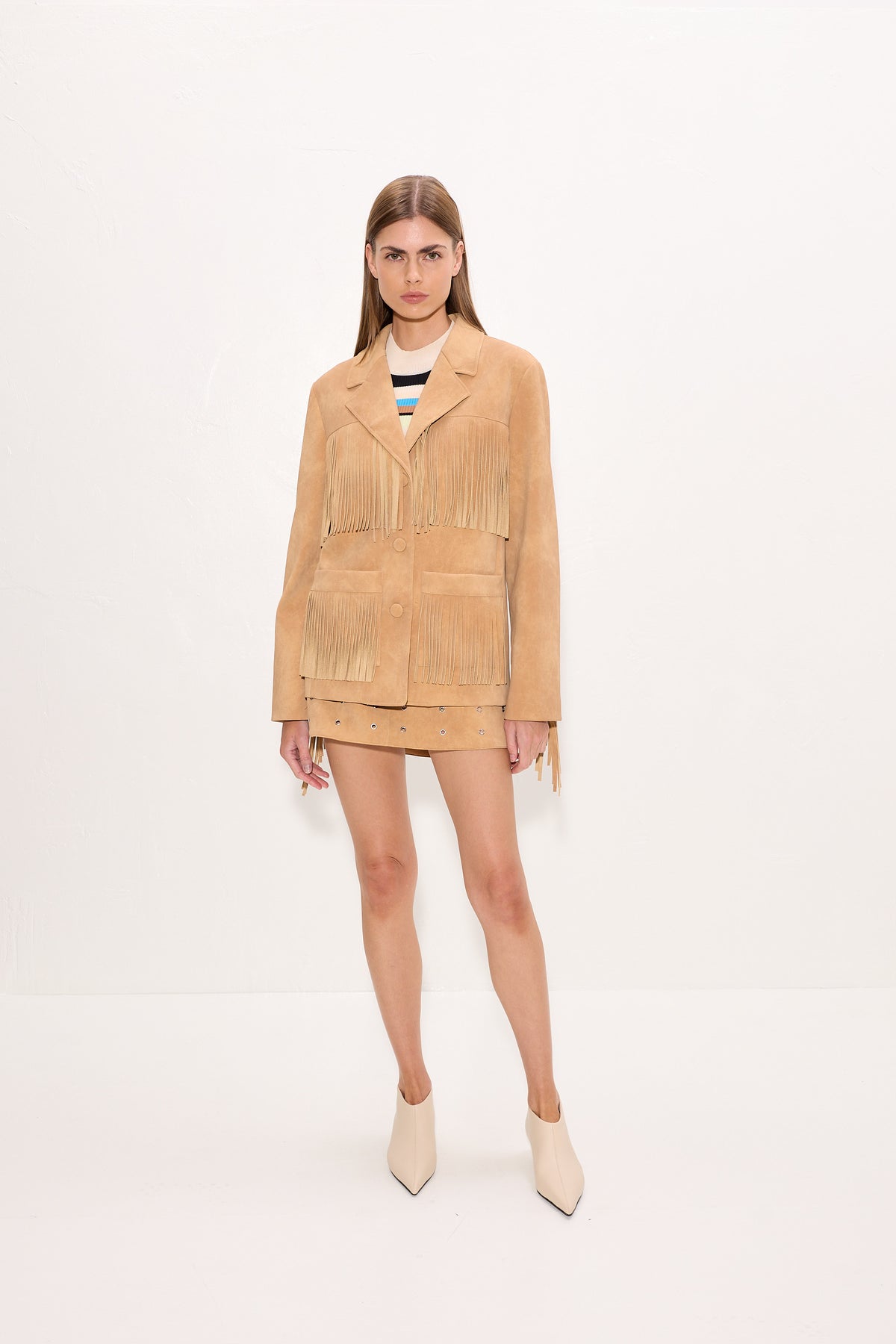 Mabel Vegan Leather Fringe Jacket In Sand