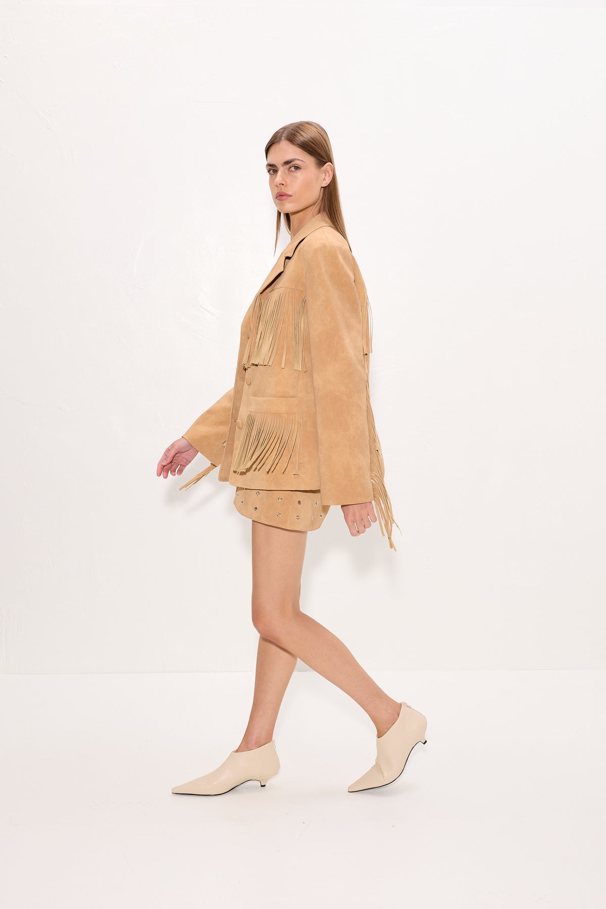 Mabel Vegan Leather Fringe Jacket In Sand