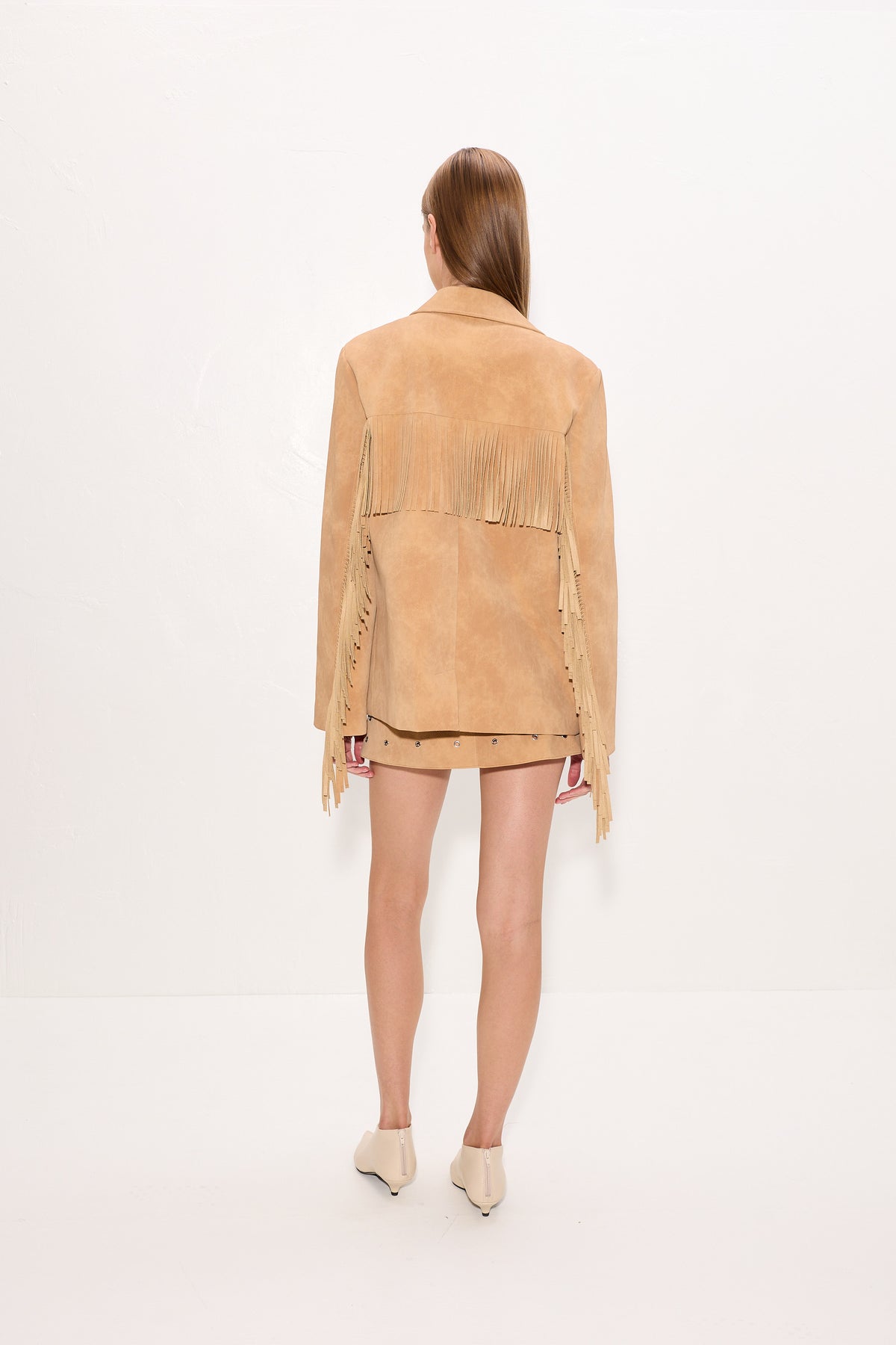 Mabel Vegan Leather Fringe Jacket In Sand