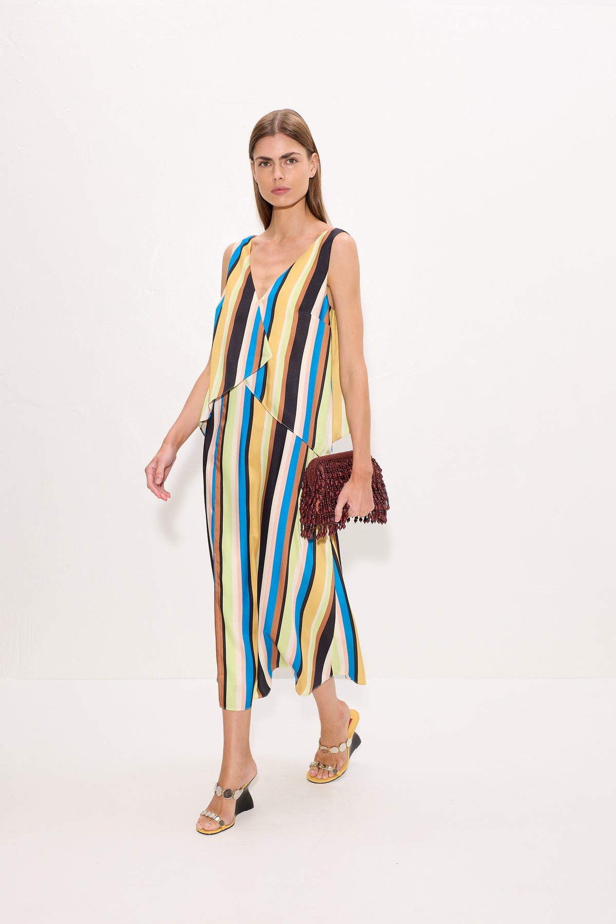 Cece Asymmetrical Midi Dress In Ocean Stripe