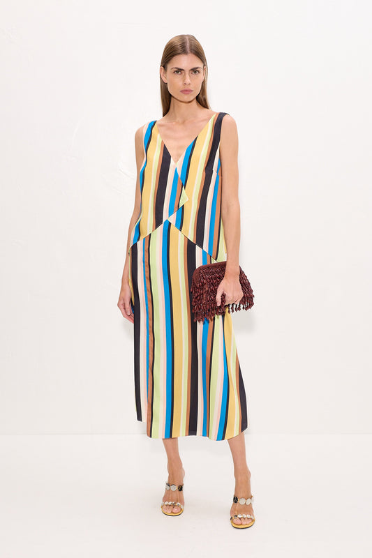 Cece Asymmetrical Midi Dress In Ocean Stripe