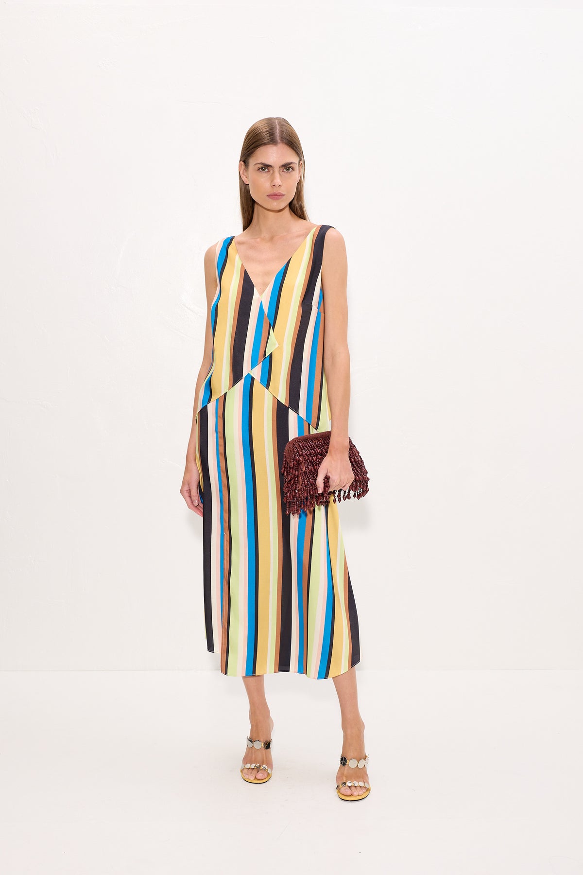 Cece Asymmetrical Midi Dress In Ocean Stripe