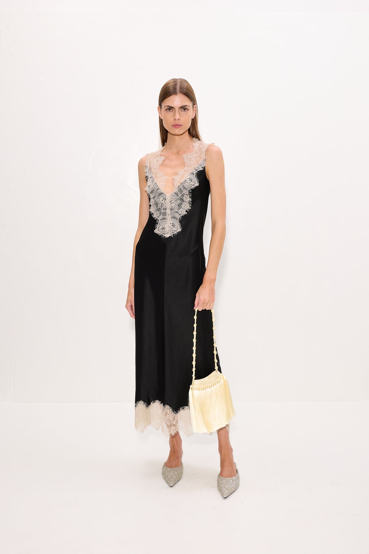 Bea Satin Lace Midi Dress In Black