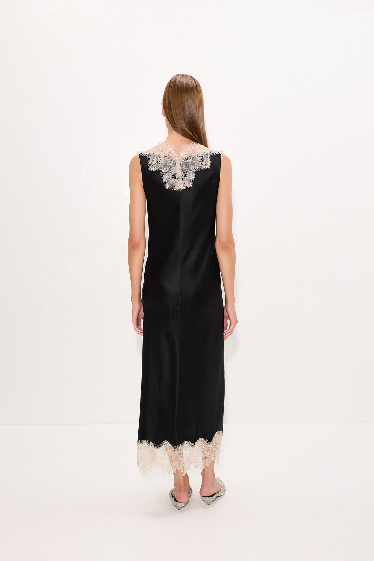 Bea Satin Lace Midi Dress In Black