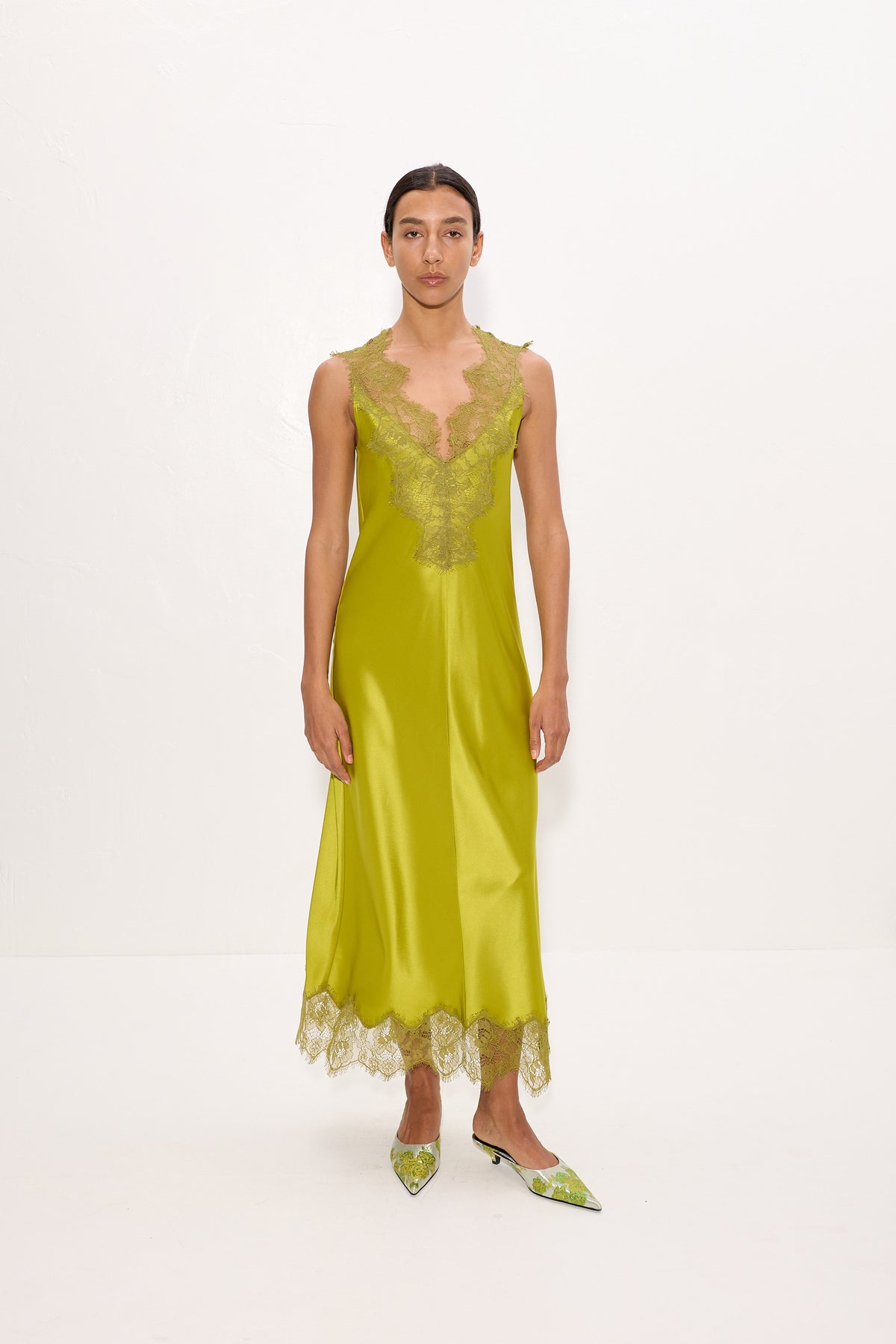 Bea Satin Lace Midi Dress In Chartreuse
