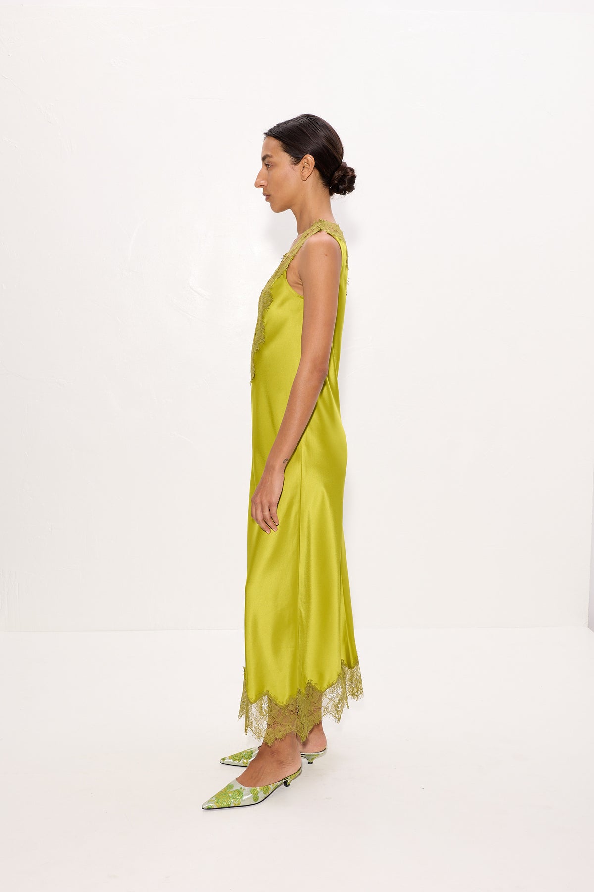 Bea Satin Lace Midi Dress In Chartreuse