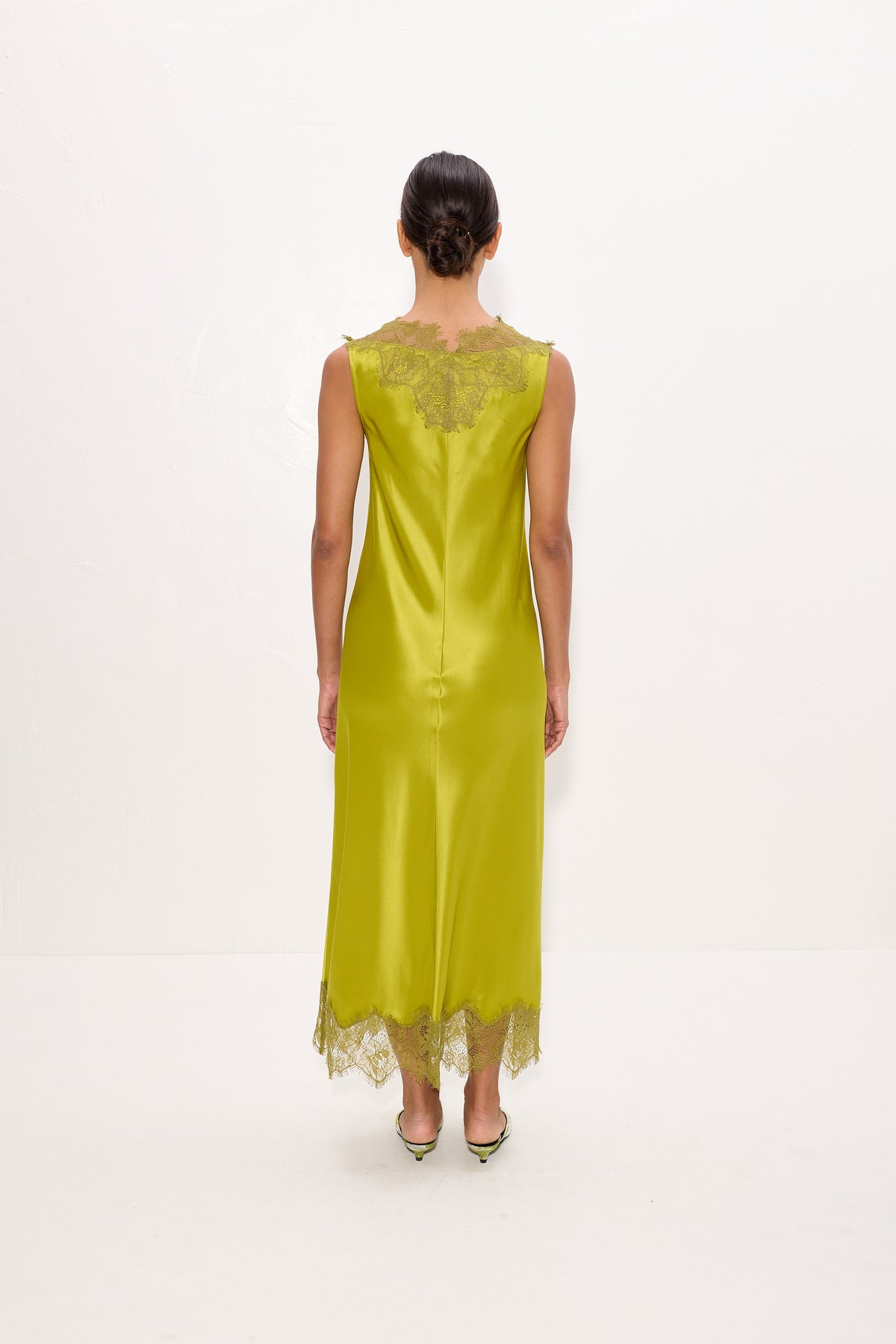 Bea Satin Lace Midi Dress In Chartreuse