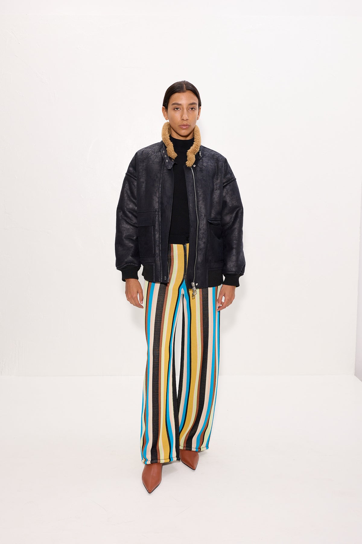 Halle Faux Shearling Bomber Jacket In Black
