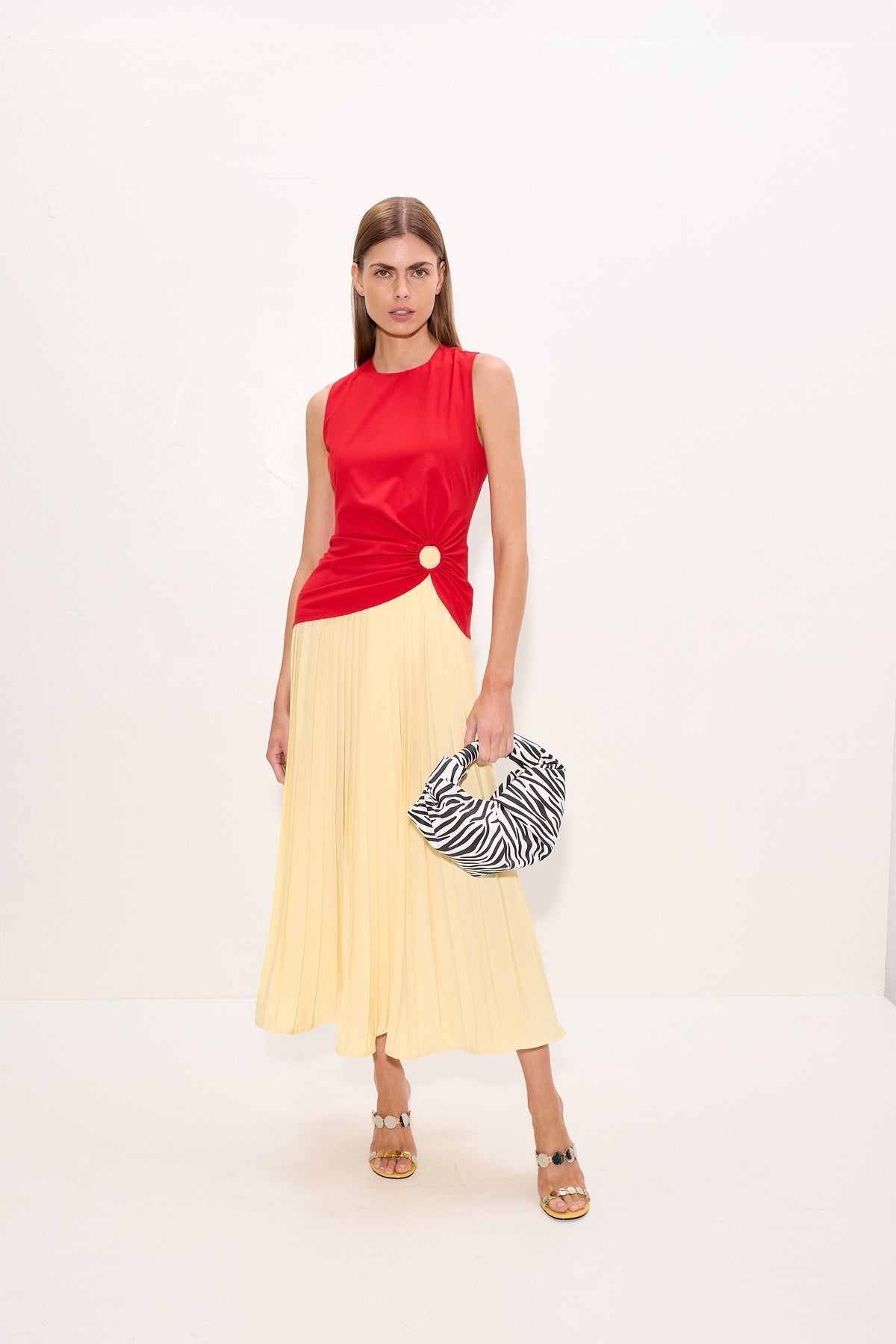 Cori Pleated Dress In Butter/Classic Red Combo