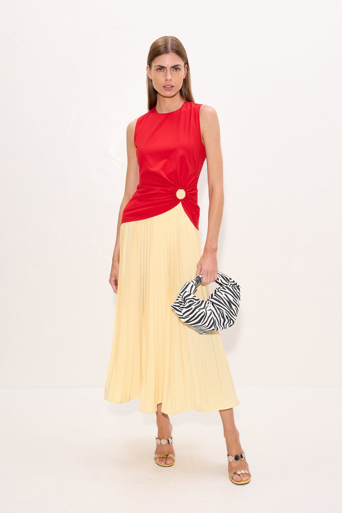 Cori Pleated Dress In Butter/Classic Red Combo