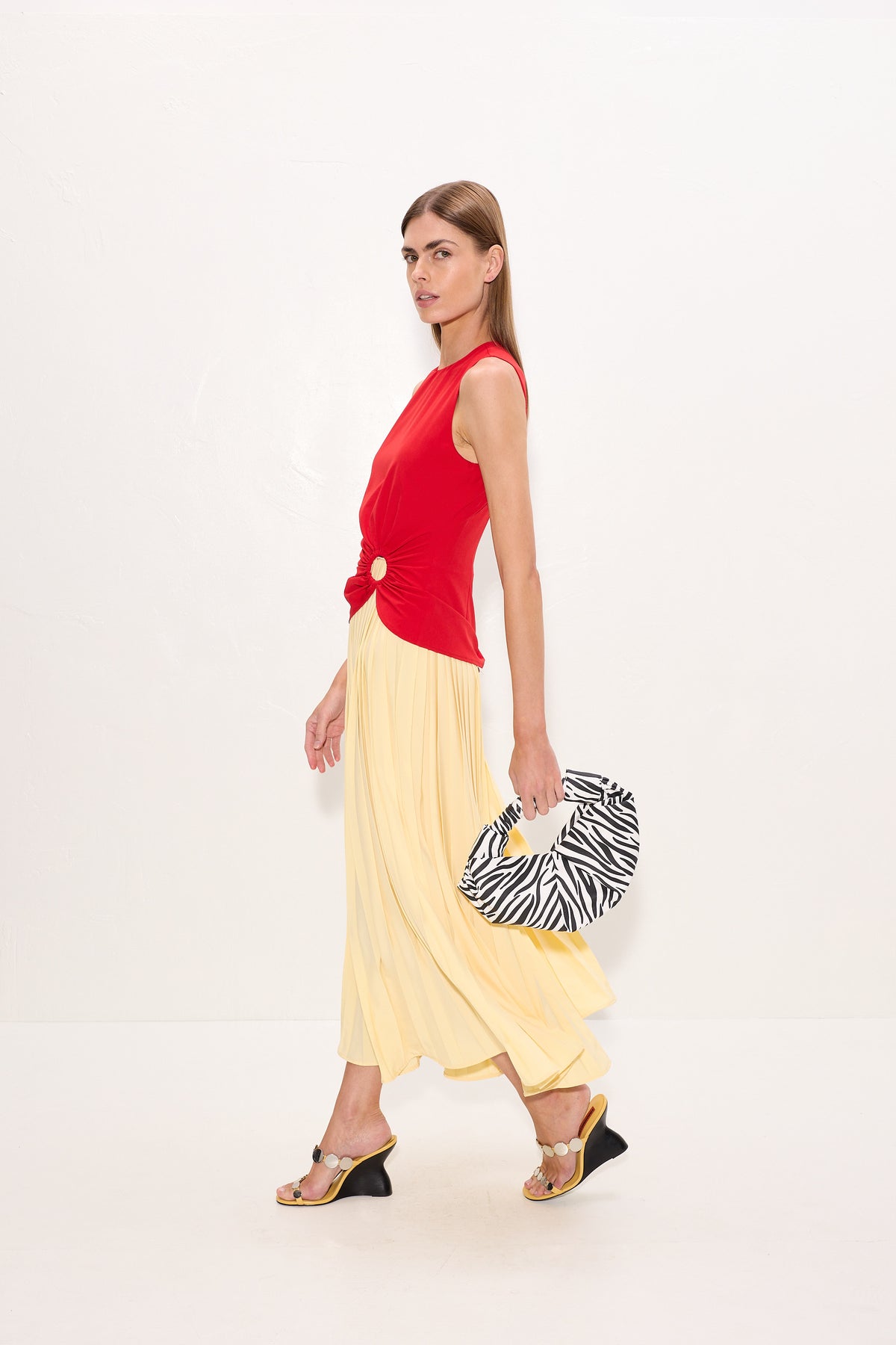 Cori Pleated Dress In Butter/Classic Red Combo