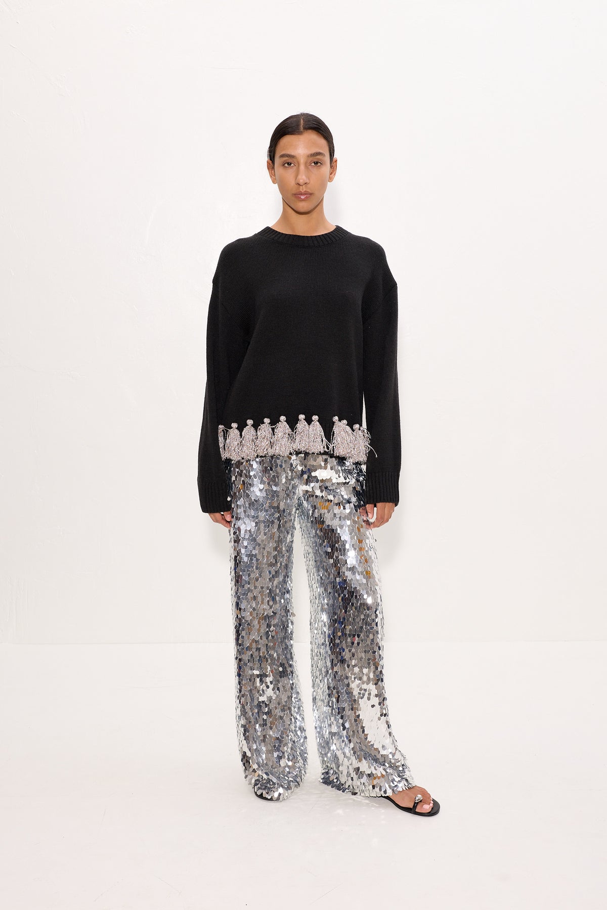 Roni Metallic Tassel Sweater In Black/Satellite Silver