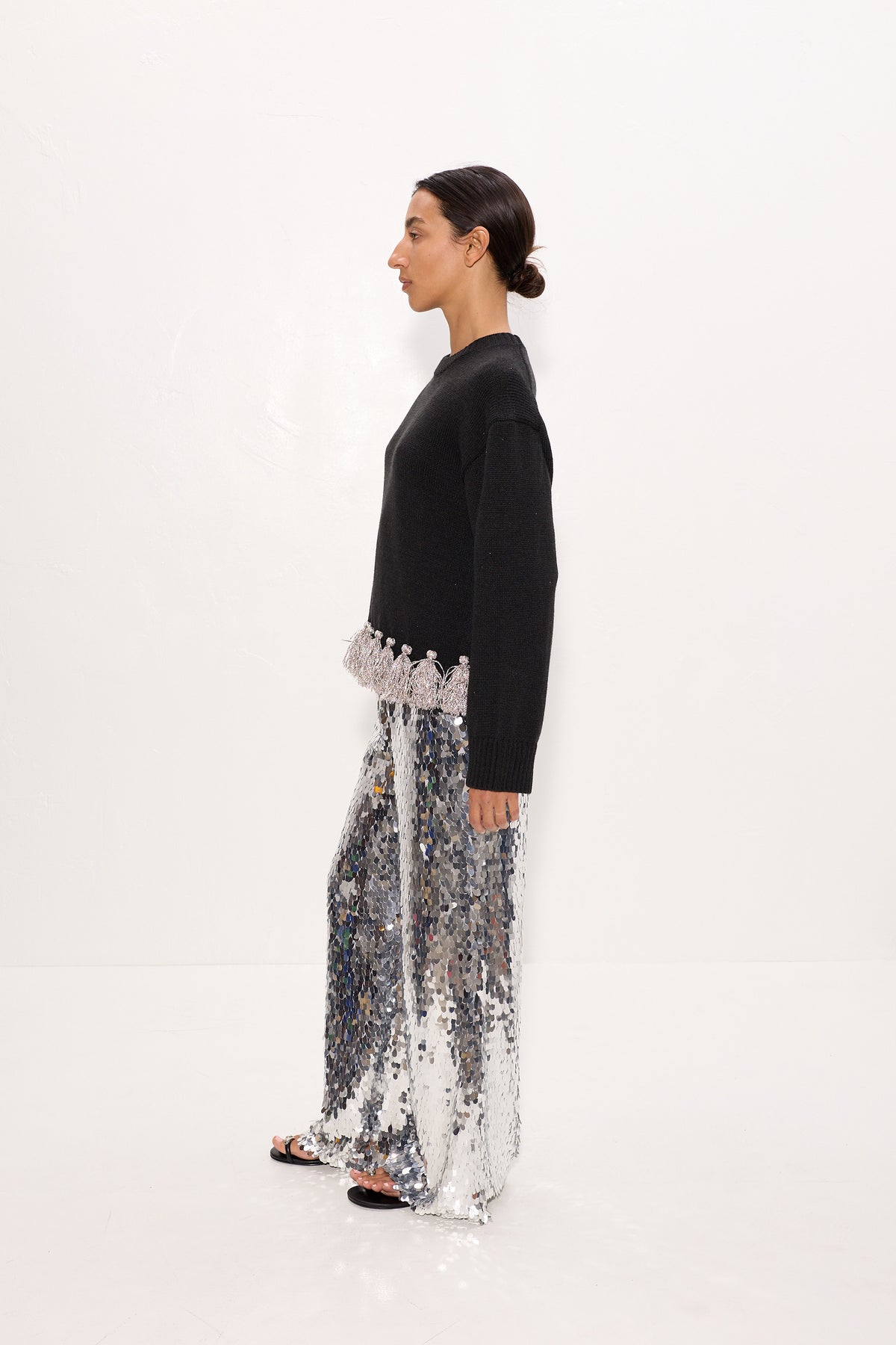 Roni Metallic Tassel Sweater In Black/Satellite Silver