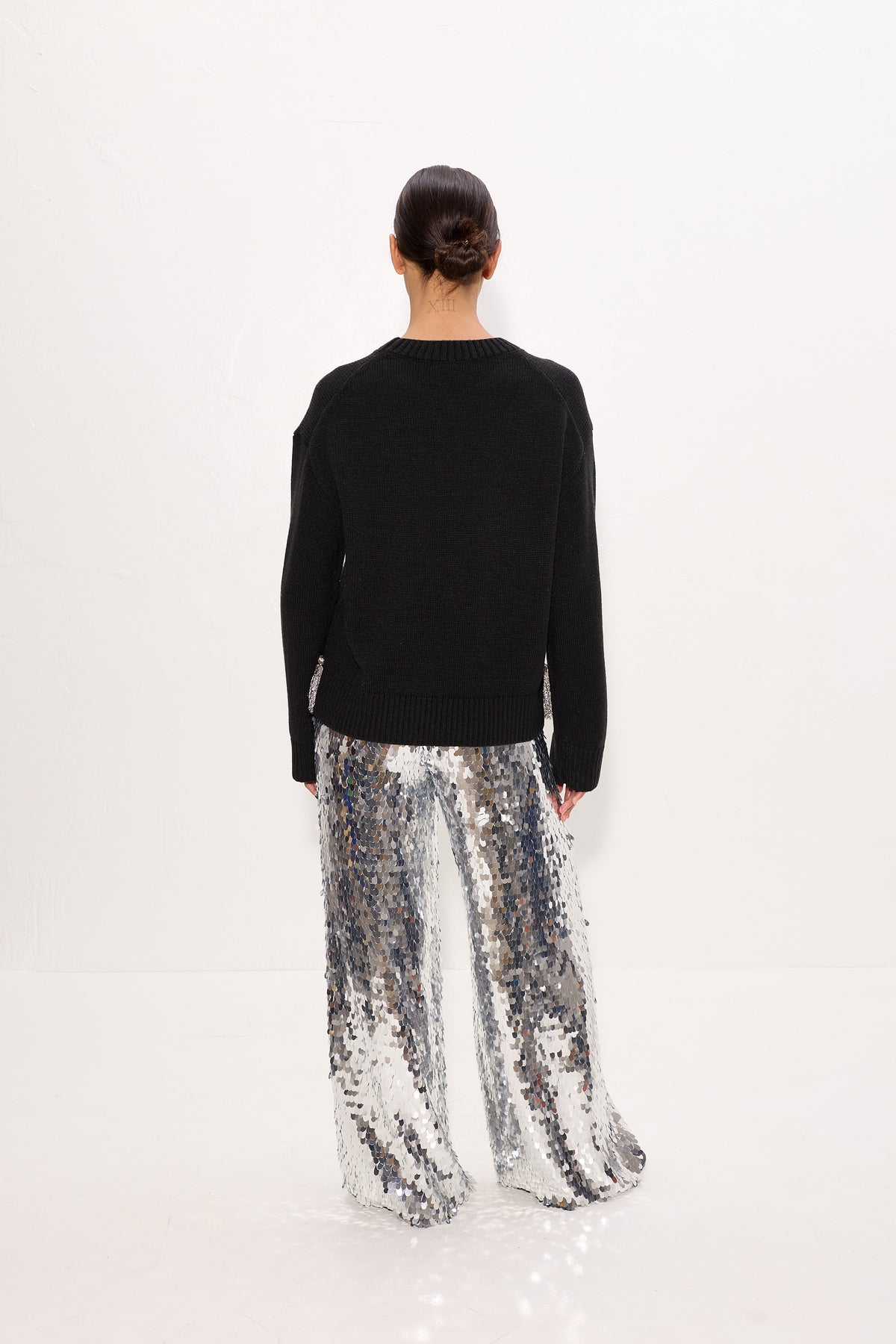 Roni Metallic Tassel Sweater In Black/Satellite Silver
