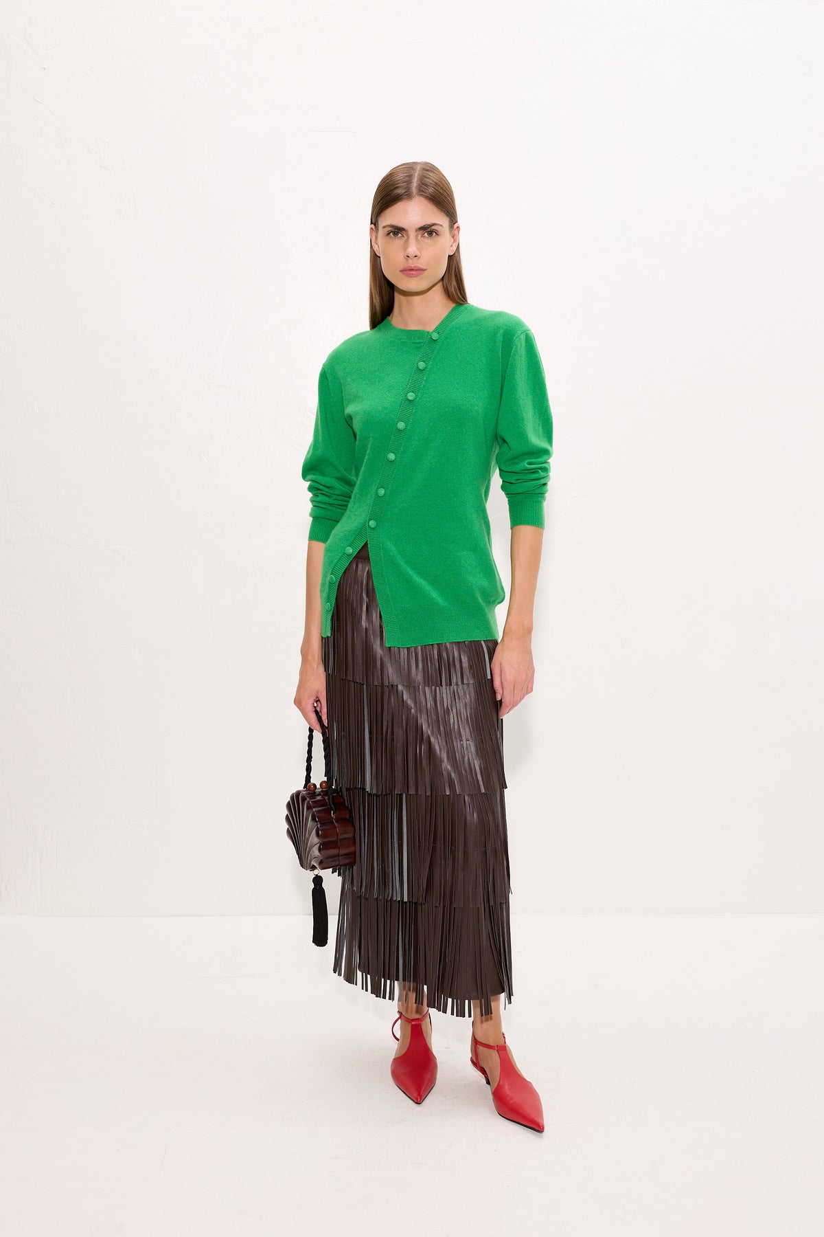 Za Za Vegan Leather Fringe Skirt In Dark Choco Brown