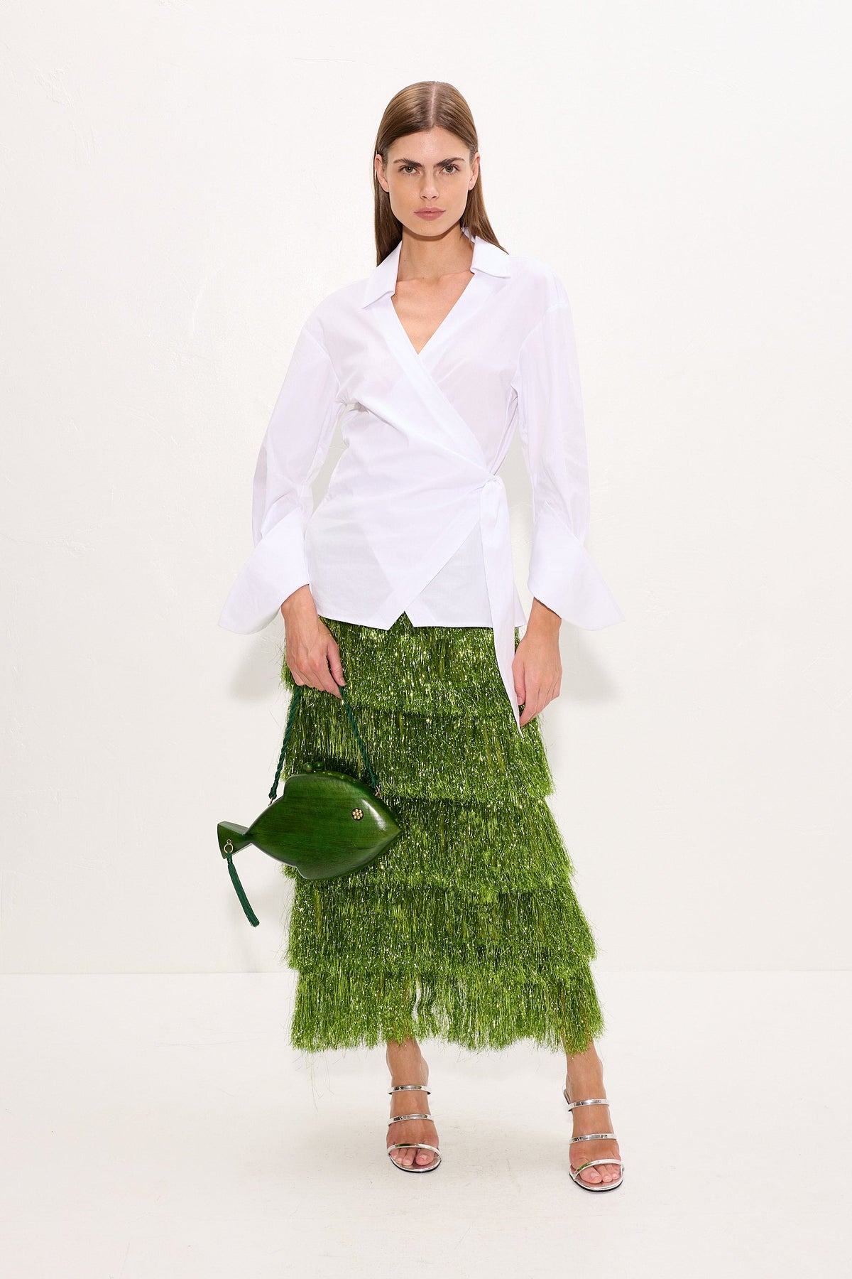 Liv Metallic Fringe Skirt In Metallic Spruce