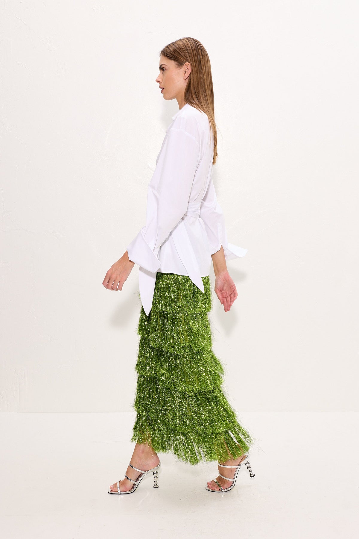 Liv Metallic Fringe Skirt In Metallic Spruce