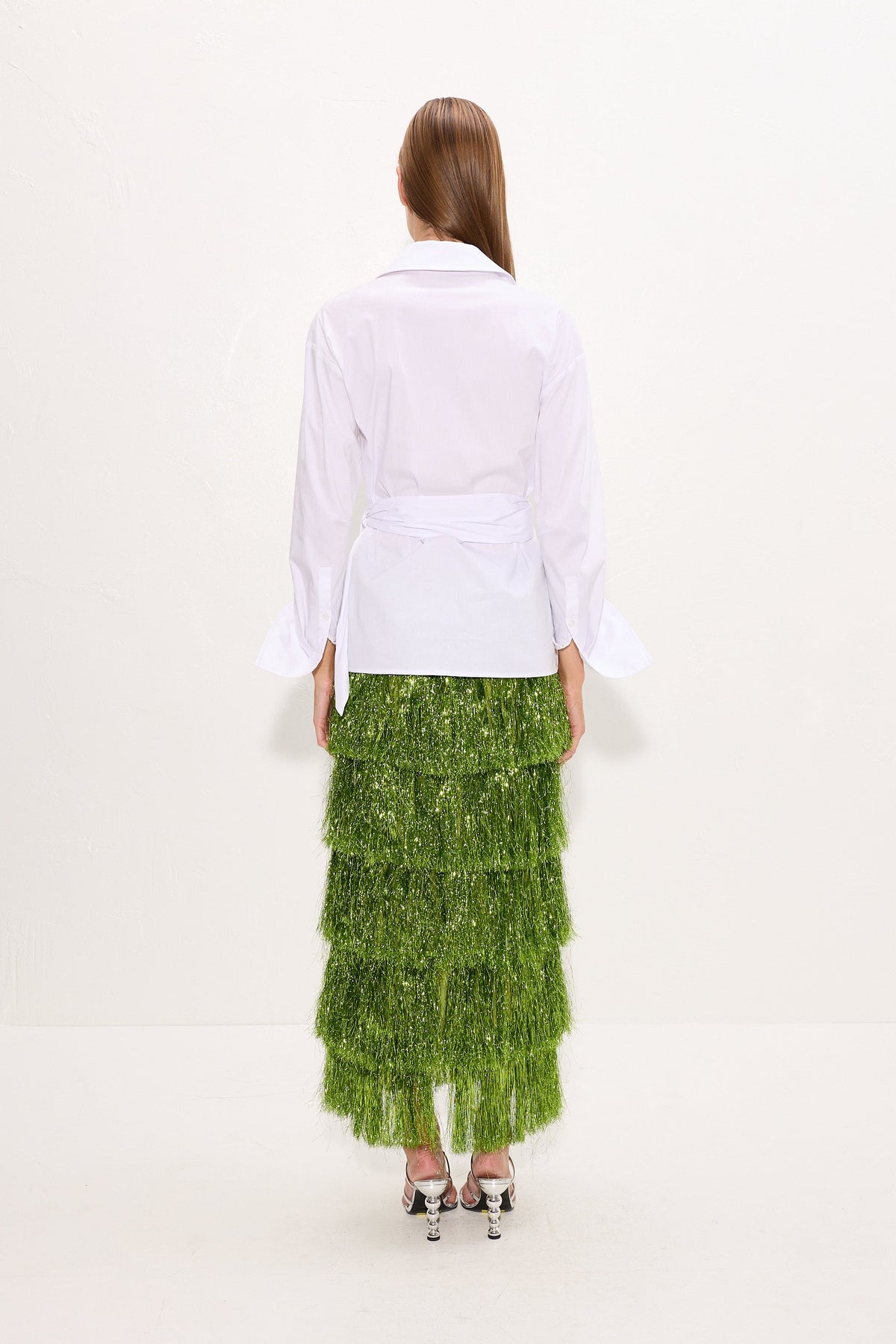 Liv Metallic Fringe Skirt In Metallic Spruce