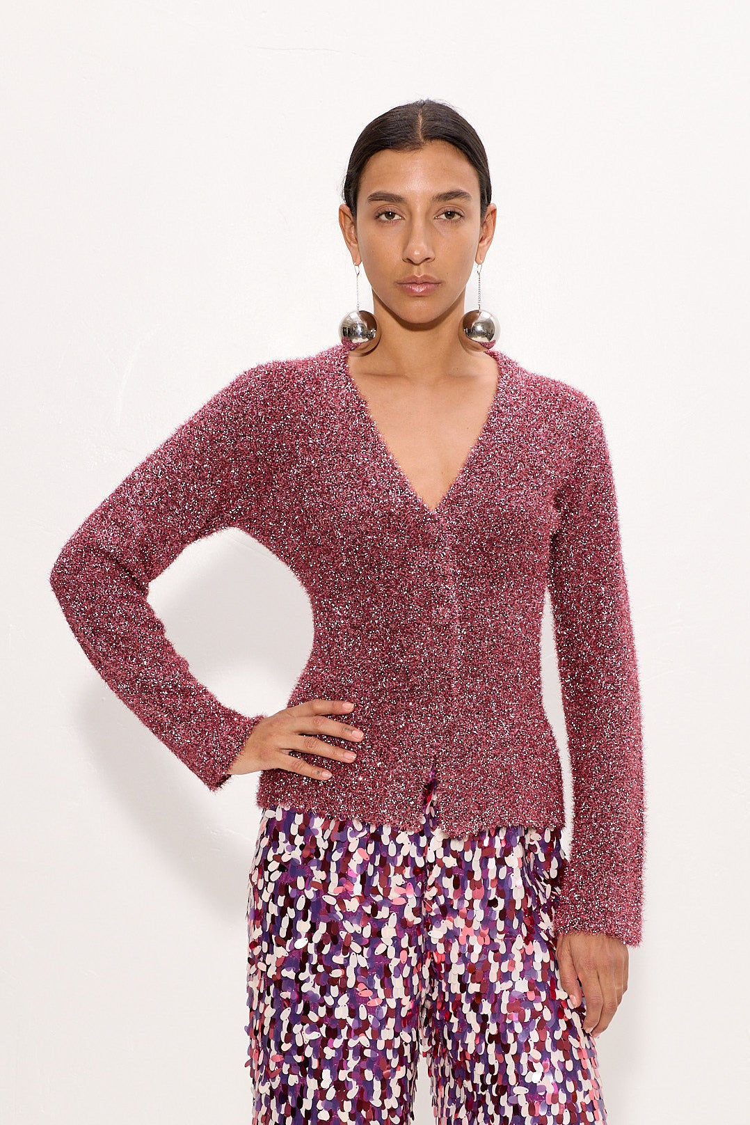 Briar Tinsel Knit Cardigan In Metallic Pink