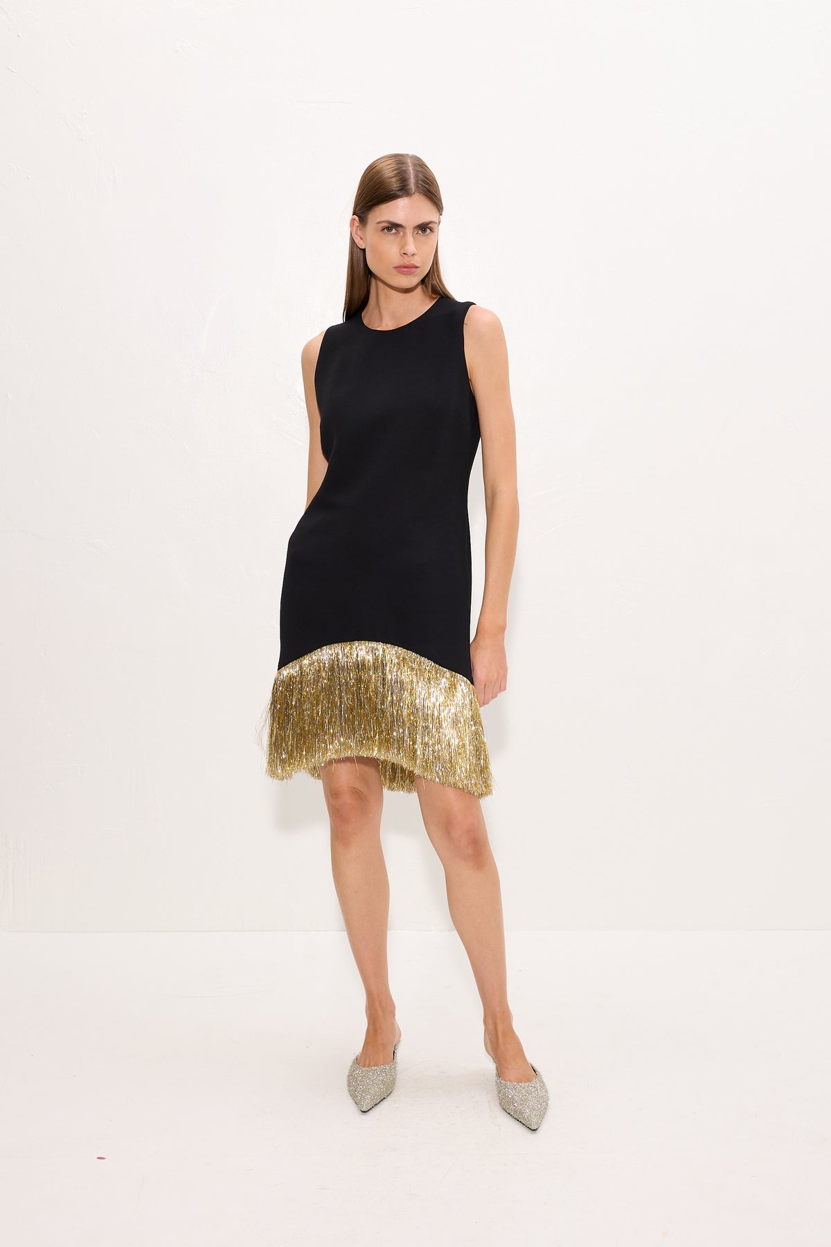 Bowie Fringe Mini Dress In Black Tinsel