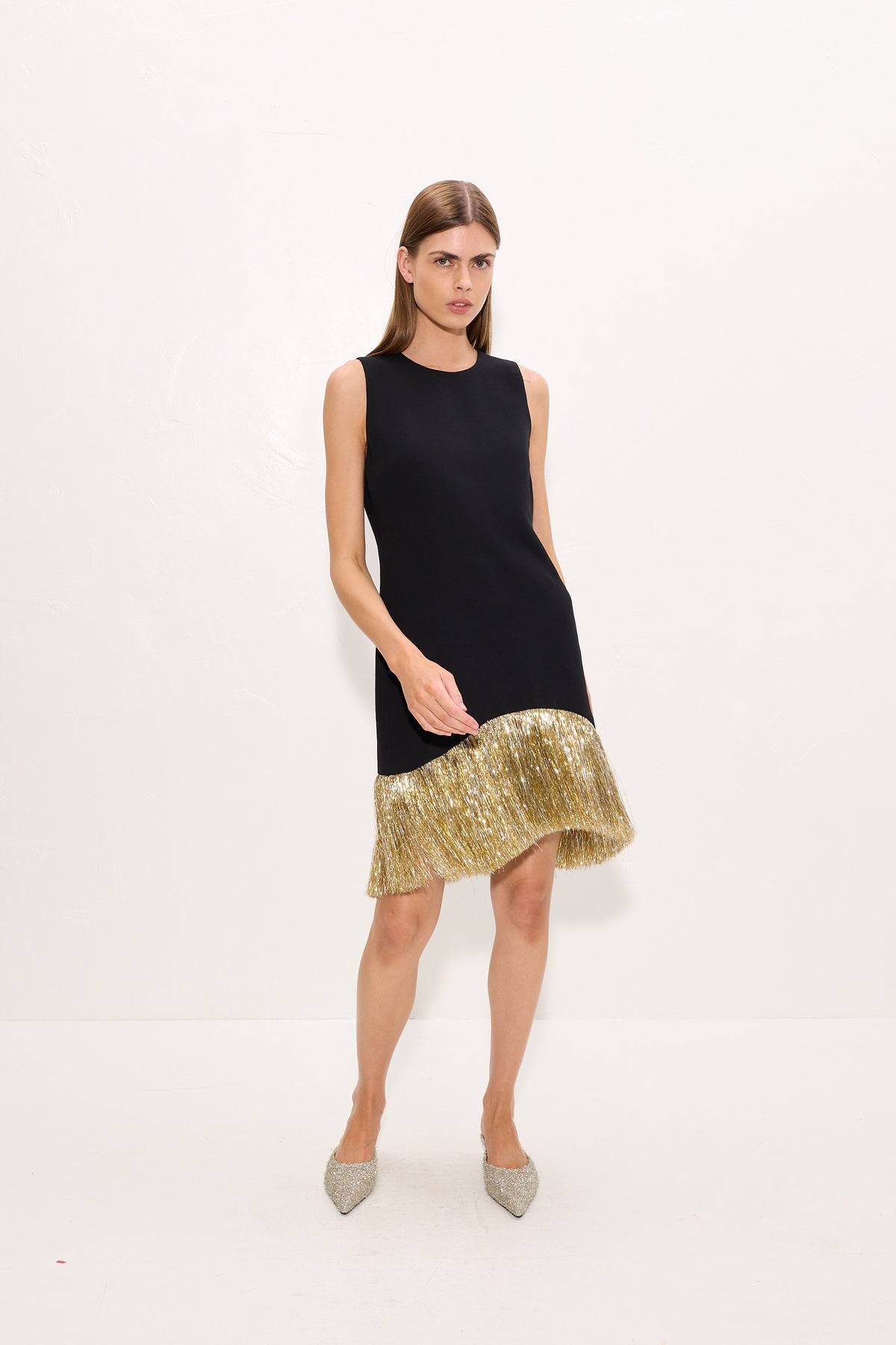 Bowie Fringe Mini Dress In Black Tinsel