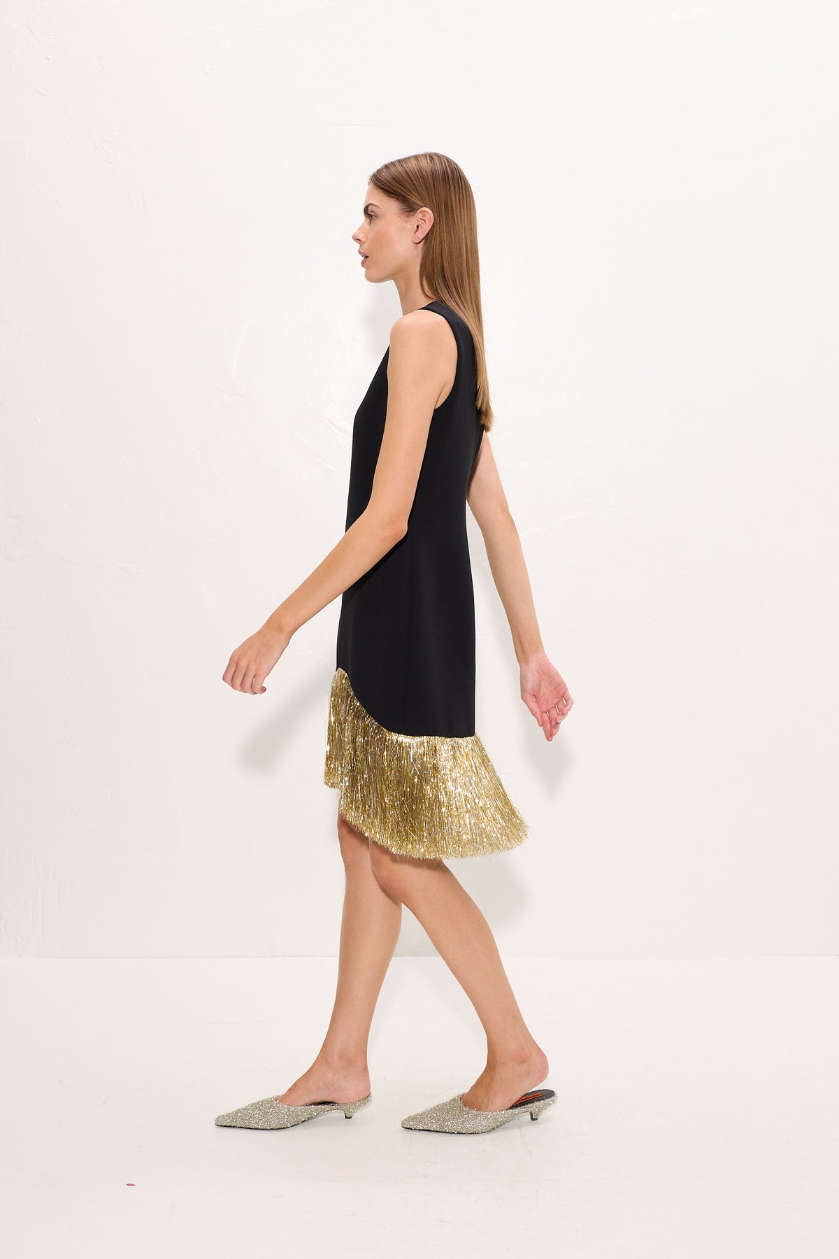 Bowie Fringe Mini Dress In Black Tinsel