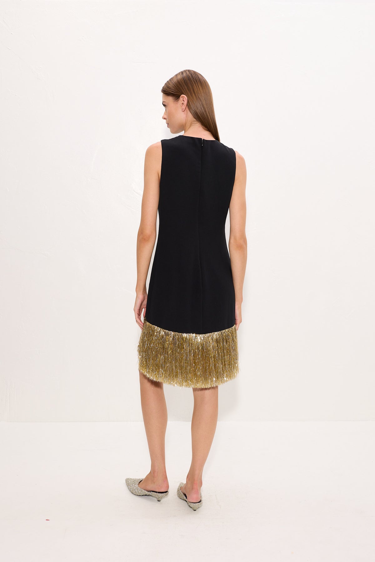 Bowie Fringe Mini Dress In Black Tinsel