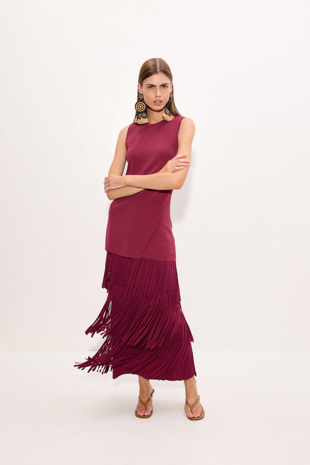 Za Za Knit Fringe Skirt In Pomegranate