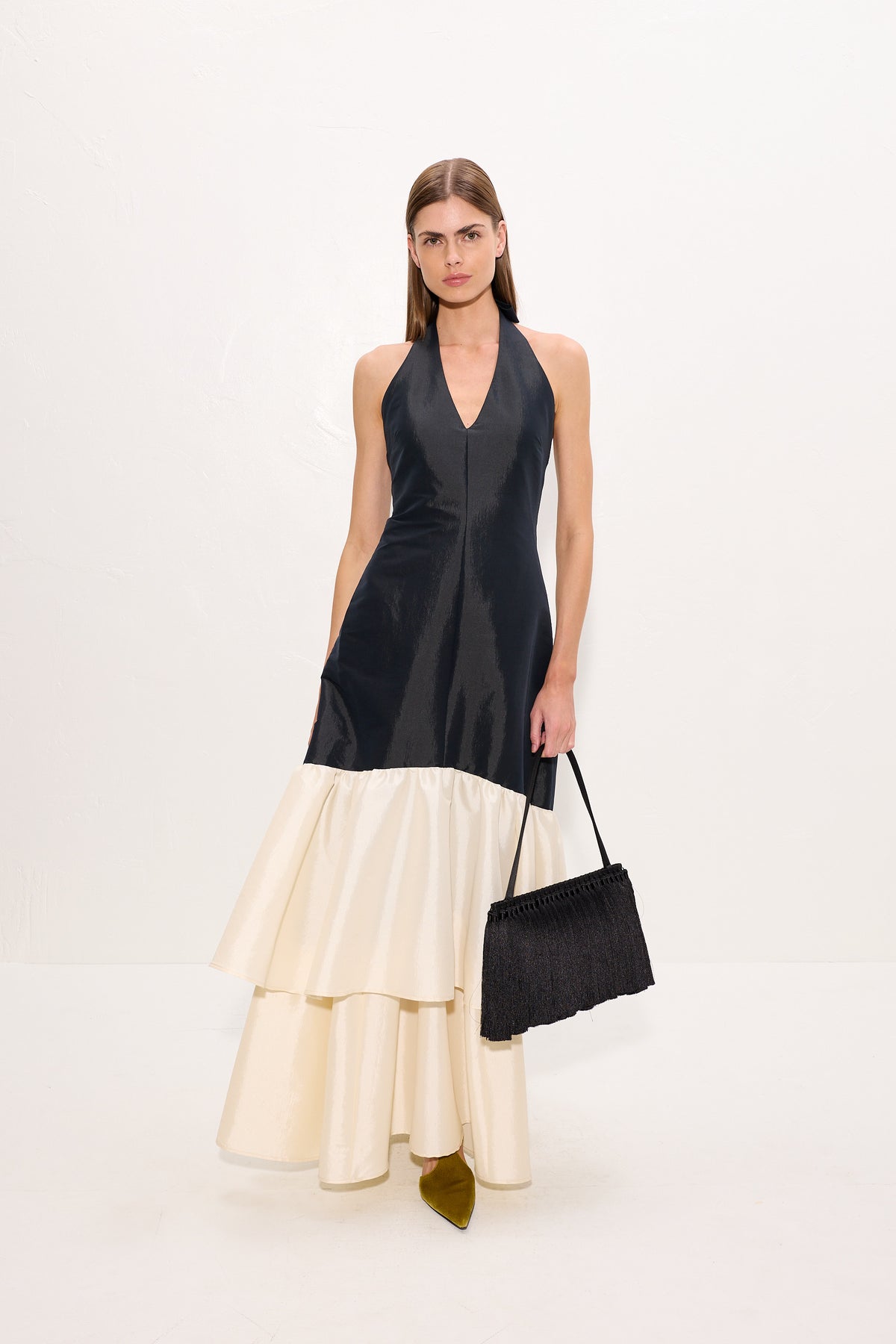 Magnolia Taffeta Halter Dress In Black/Bone