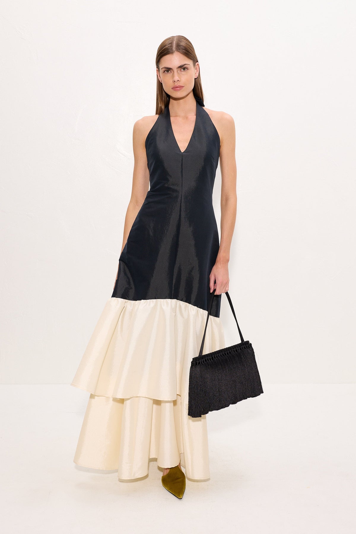 Magnolia Taffeta Halter Dress In Black/Bone