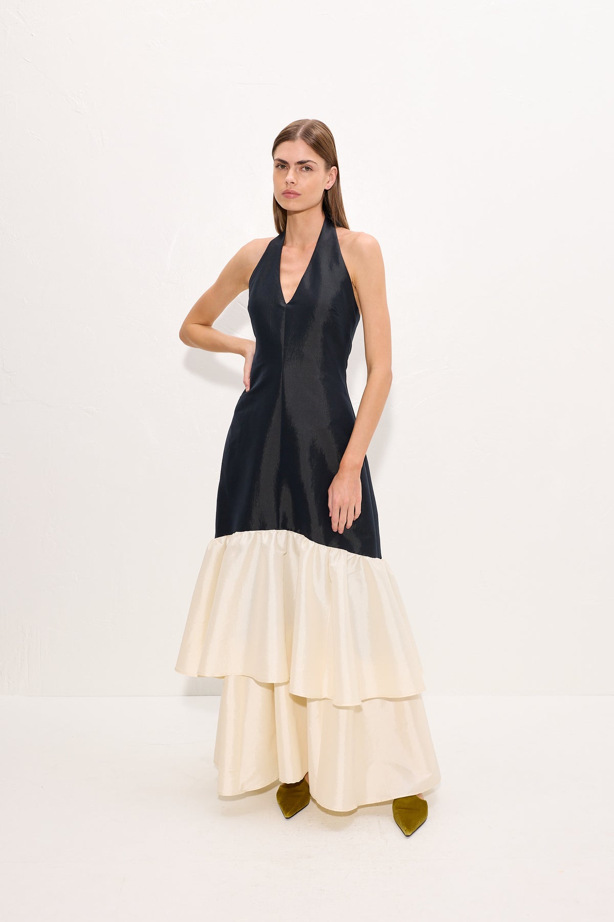 Magnolia Taffeta Halter Dress In Black/Bone