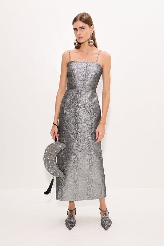 Verdelle Metallic Midi Dress In Pewter