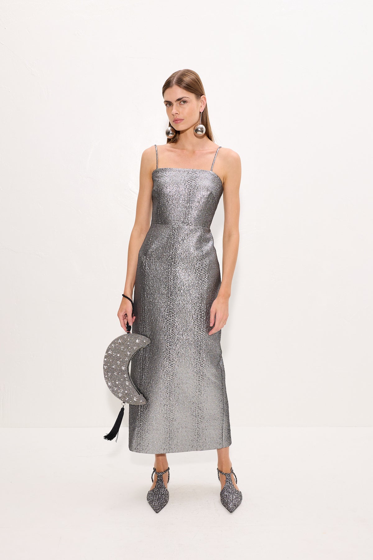 Verdelle Metallic Midi Dress In Pewter