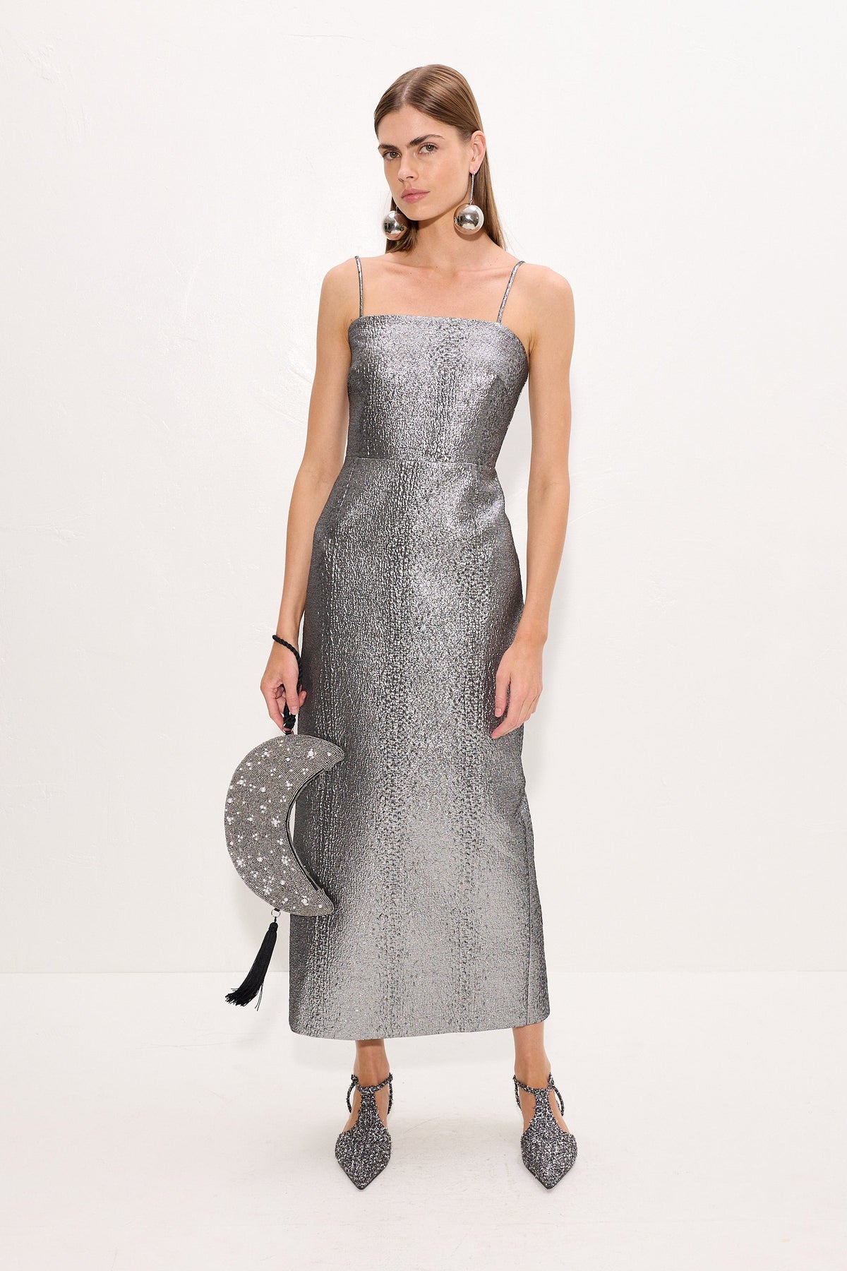 Verdelle Metallic Midi Dress In Pewter