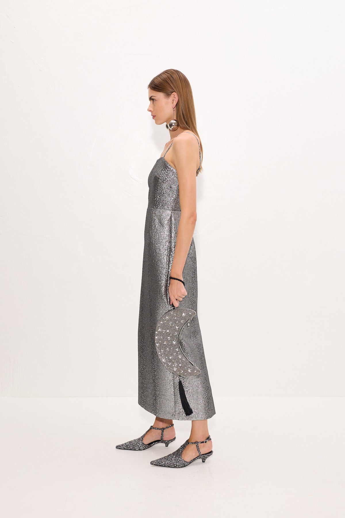 Verdelle Metallic Midi Dress In Pewter