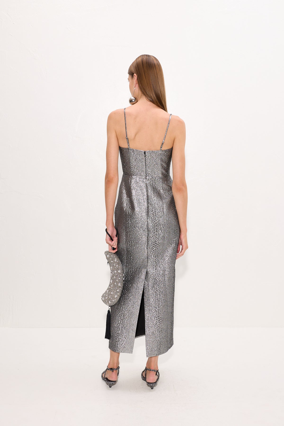 Verdelle Metallic Midi Dress In Pewter