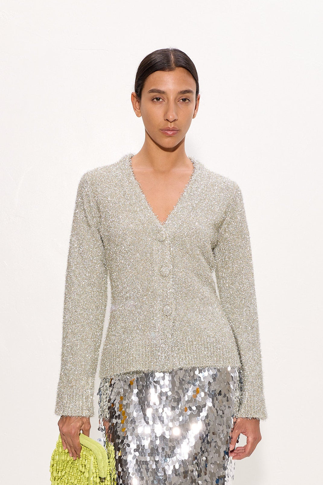 Briar Tinsel Knit Cardigan In Satellite Silver