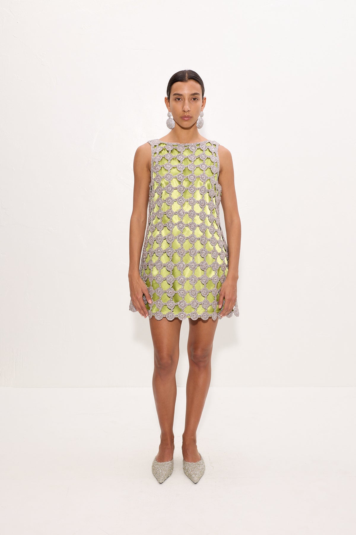 Sina Crochet Mini Dress In Moss/Satellite Silver