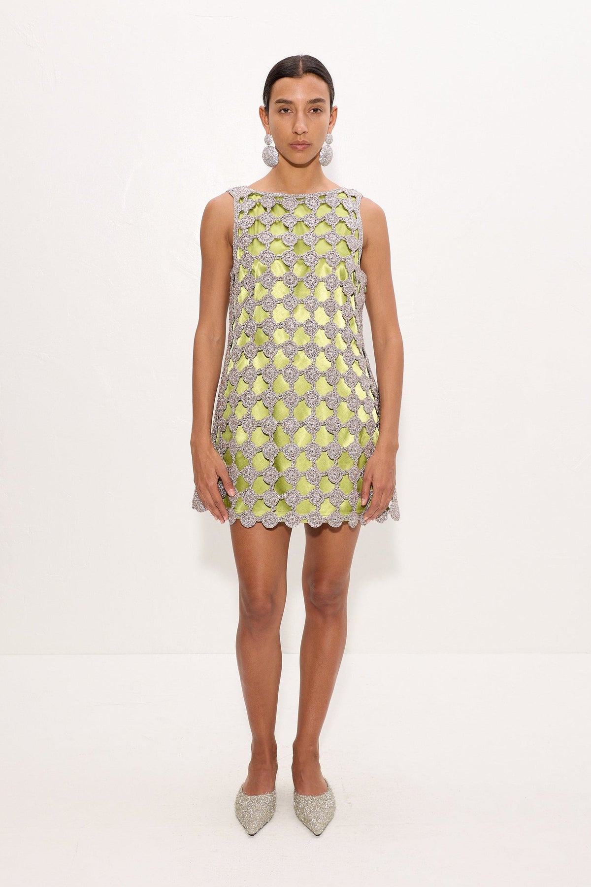 Sina Crochet Mini Dress In Moss/Satellite Silver