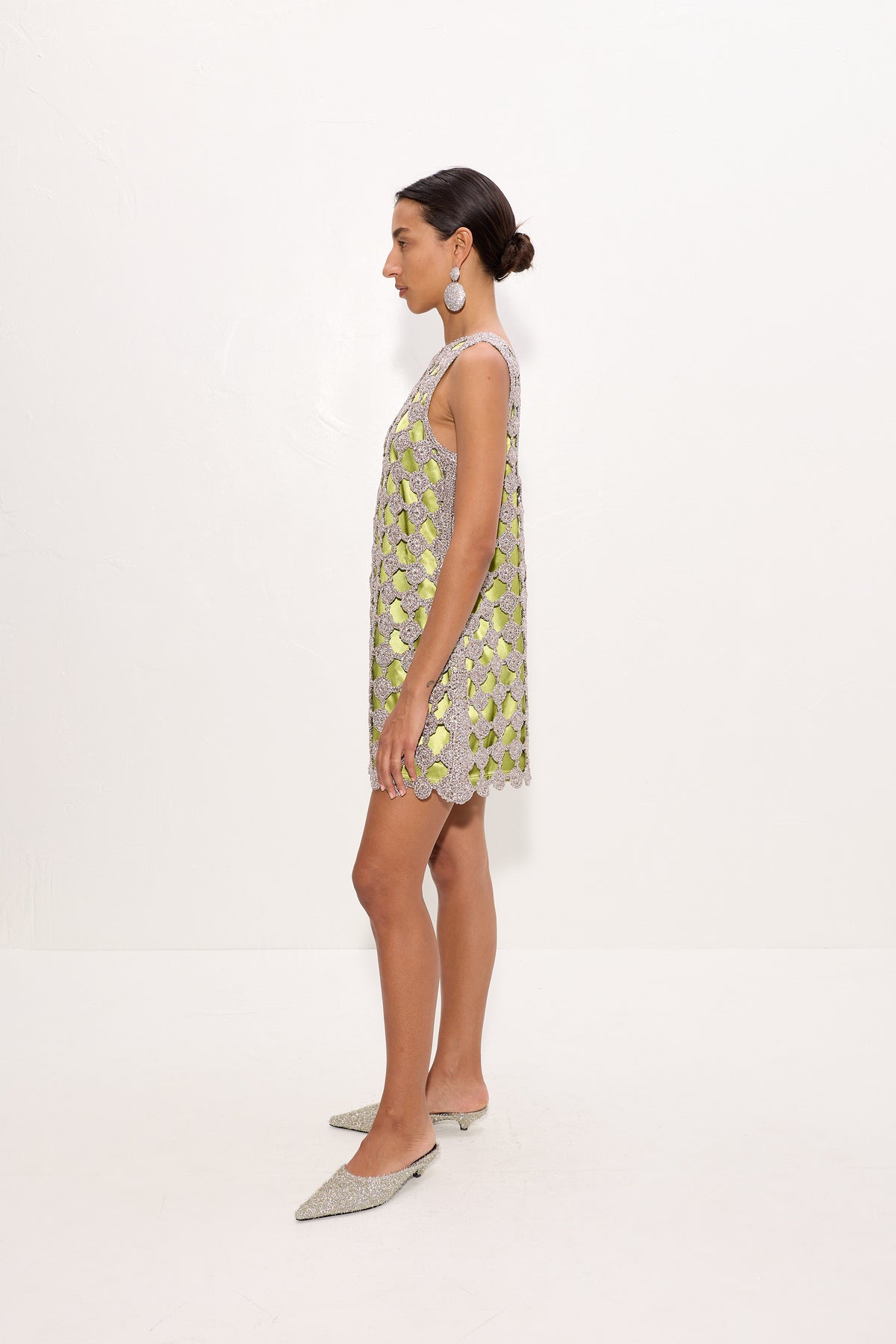 Sina Crochet Mini Dress In Moss/Satellite Silver