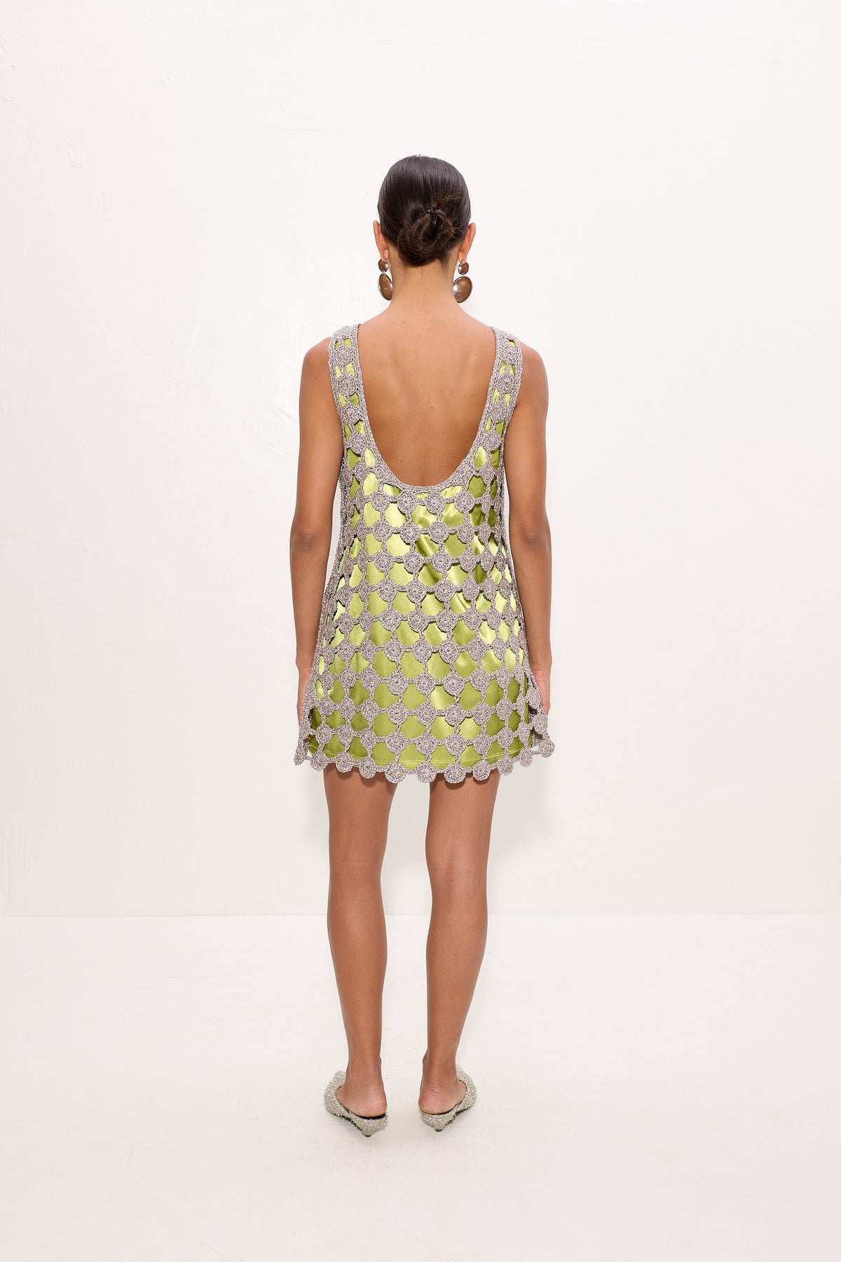Sina Crochet Mini Dress In Moss/Satellite Silver