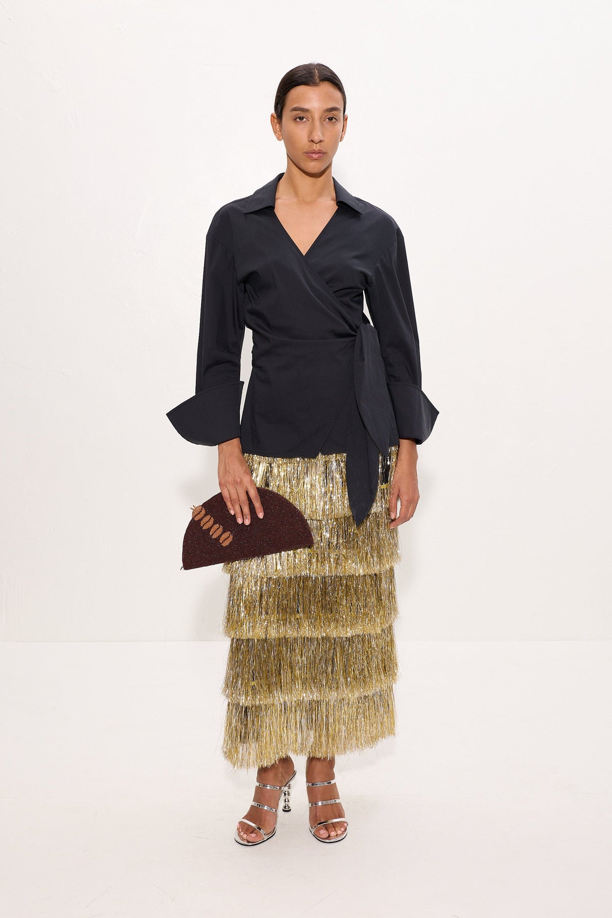 Liv Metallic Fringe Skirt In Silver/Gold