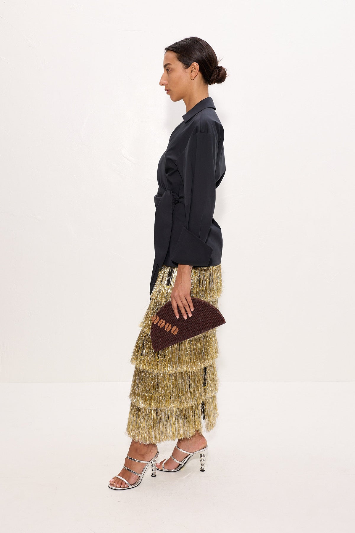 Liv Metallic Fringe Skirt In Silver/Gold