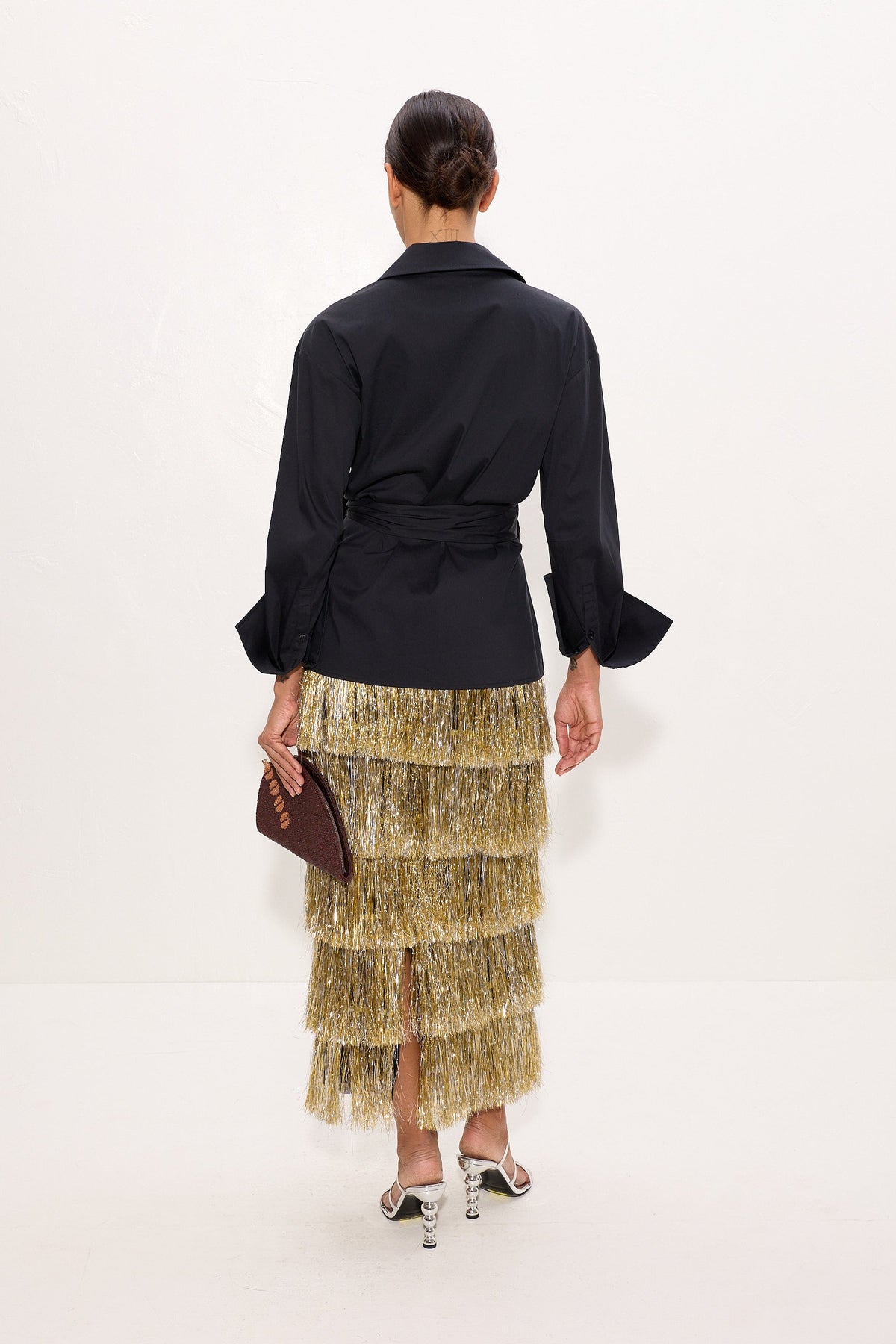 Liv Metallic Fringe Skirt In Silver/Gold