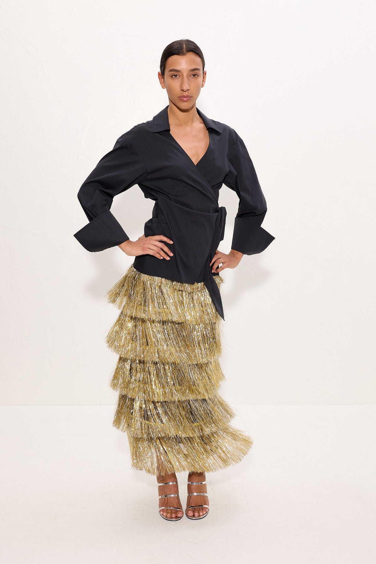 Liv Metallic Fringe Skirt In Silver/Gold