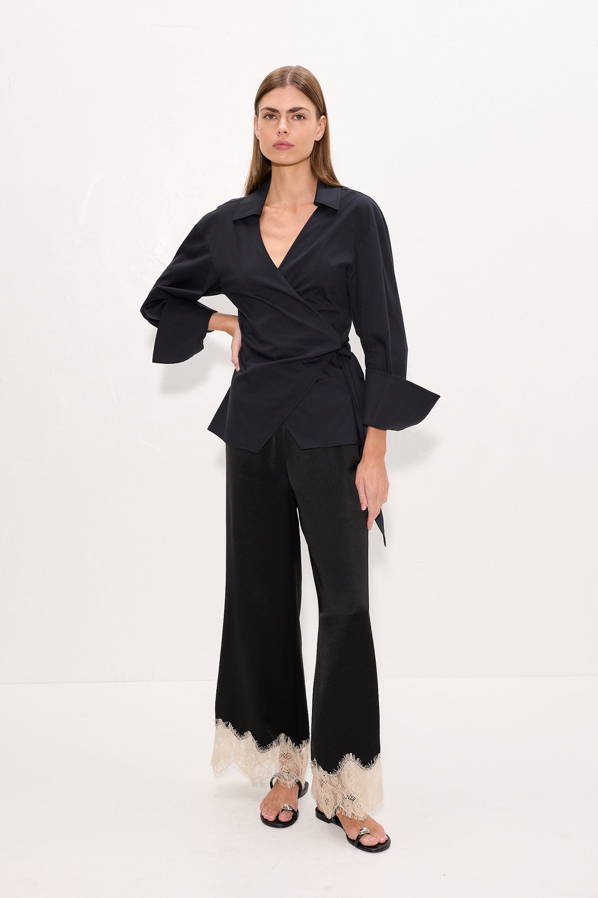 Nella Satin Lace Pant In Black/Bone