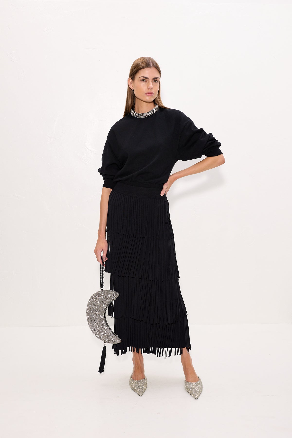 Za Za Knit Fringe Skirt In Black