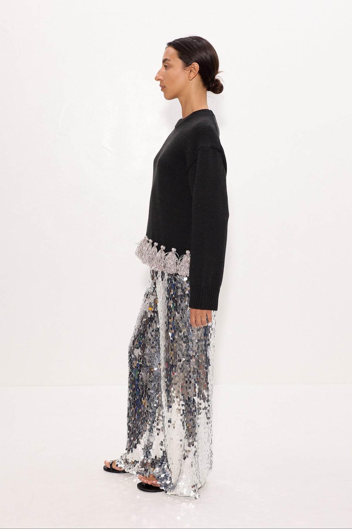 Nella Sequin Wide Leg Pant In Satellite Silver