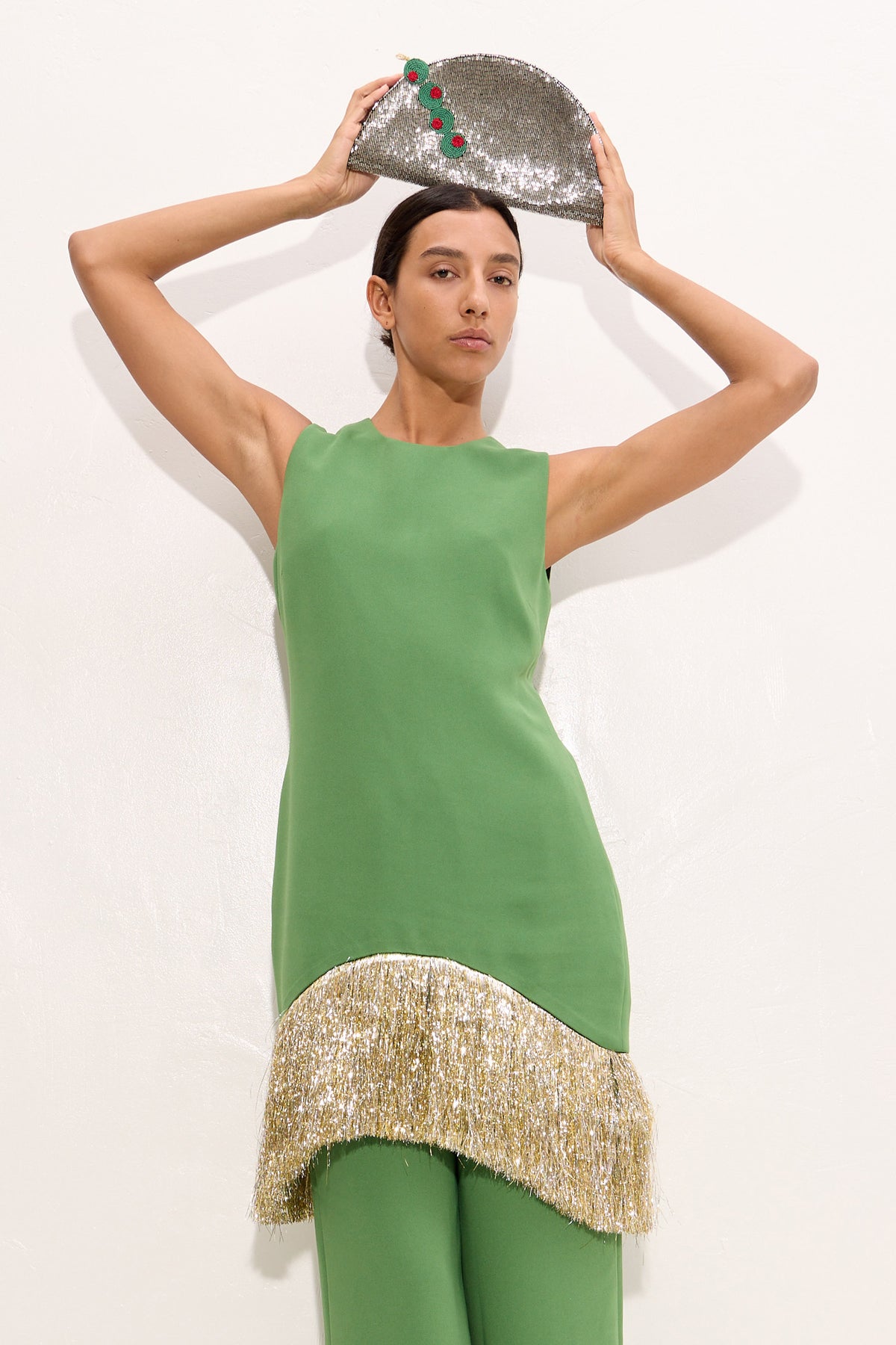 Beaded Lune Clutch In Dirty Martini
